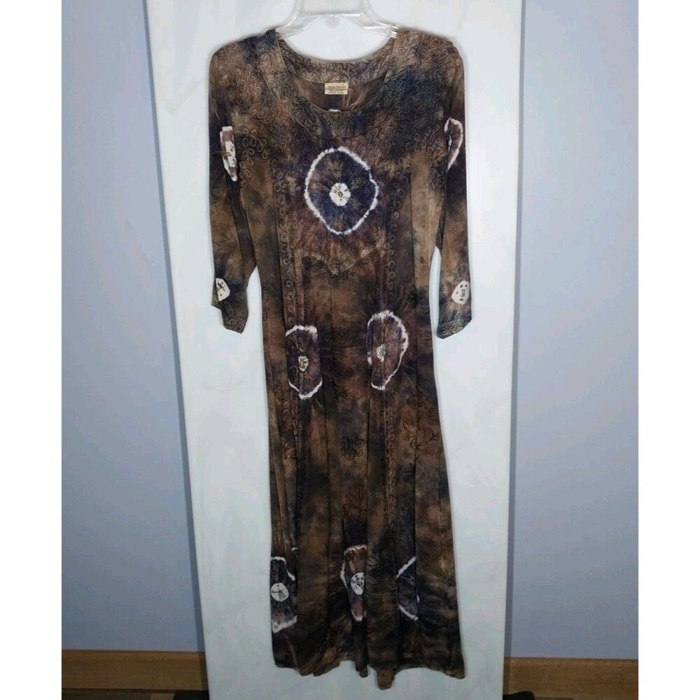 Vintage Women’s Rayon Tie Dye Maxi Dress One Size Heavy Embroidery Boho Hippie